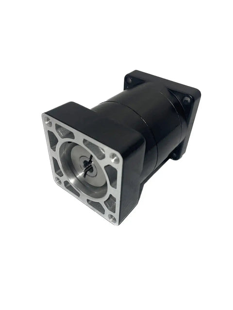 Built Tough Nema 23 Planetary Gearbox Reducer Paired With 57mm Stepper Motor, heavy duty gearbox in black with silver detailing.