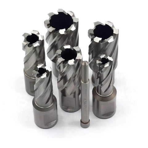 Oscarbide 7-piece annular cutter set with Weldon shanks; HSS mag drill kit with assorted diameters and pilot pin
