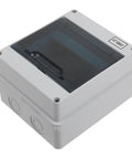 Heavy Duty 6 Way Circuit Breaker Box With DIN Rail IP65 Weatherproof Electrical Enclosure Surface Mount gray box with black inspection lid.