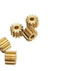 Five Pack 0.4 Module Brass Spur Gears Set, 4mm Thick, Straight Cut, 11T 12T 13T 14T Teeth, Tight Fit Bores 1.5mm, 1.98mm, 2mm, Easy Install For RC Cars, Drones, And Robotics Projects, brass gears shown