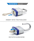 Keyed Alike Laminated Steel Padlocks With Standard Shackle For Hasps, Sheds, Fences, open padlock with key inserted, 6 pack