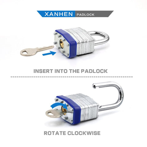 Keyed Alike Laminated Steel Padlocks With Standard Shackle For Hasps, Sheds, Fences, open padlock with key inserted, 6 pack