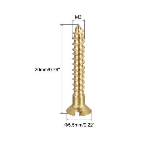 Brass Wood Screws M3 x 20mm Slotted Flat Head Self-Tapping Fasteners shown with dimensions for DIY projects and woodworking