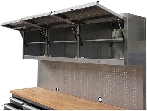 2 Pack Of 72 Inch Tall Stainless Steel Rolling Tool Chest With 15 Drawers 3 Wall Cabinets Pegboard And Deep Wood Top overhead view with open cabinets