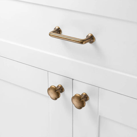 10 Pack 3 Inch Hole Centers Antique Brass Cabinet Pulls Vintage Brass Handles on white kitchen cabinet
