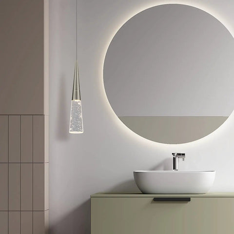 Dope Modern Crystal Pendant Light In Brushed Nickel, Mini Hanging Fixture For Kitchen Island next to round mirror in bathroom