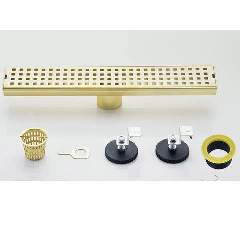 16 Inch Linear Shower Drain With Removable Cover Grid, Brushed Gold Stainless Steel SUS304, Rectangular Floor Drain