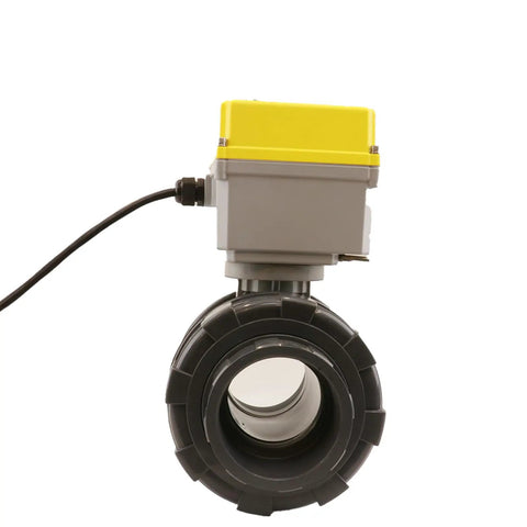 Beefy 3 Inch Electric PVC Ball Valve With High Torque Aluminum Gearbox 110 230V AC Normally Closed With Power Off Return Two Wire Control Flexible Joint Easy Install For Water Lines And Industrial Use front view
