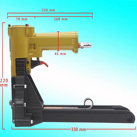 Heavy Duty Pneumatic Carton Sealer With High Speed Fast Nailing Action robust metal construction side view with measurements.