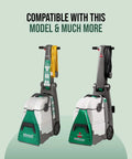 Two Bissell BigGreen commercial carpet cleaners with yellow and black hoses, front view.