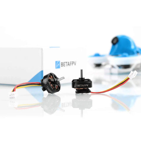 Image of two 1103 11000KV brushless FPV motors for 2S RC drones, designed for Beta75X whoop frame, with wires and connectors visible.
