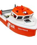 One Thirty Second Scale RC Rescue Boat With Dope Realistic Black And Red Livery Eight Kilometers Per Hour Speed Electric Jet Boat Two Point Four Gigahertz Remote Control Waterproof Hull With LED Navigation Lights Ideal For Pools Lakes And Adults