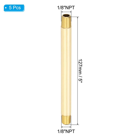 One Eighth Inch NPT Brass Pipe Fitting Long Nipple, Five Pack, Five Inch Length, Straight Connector Extender, measurement details shown.