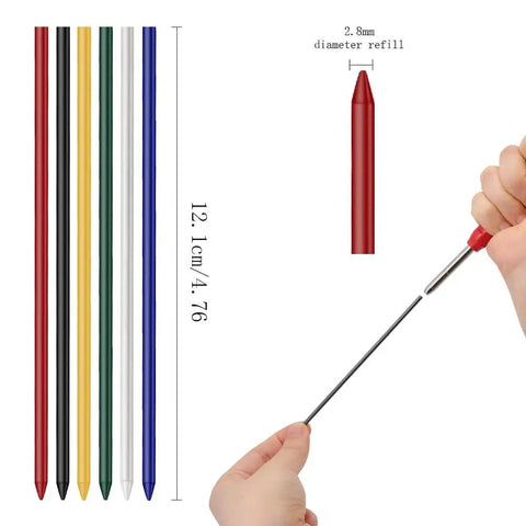 Four Boxes Of 36 Pcs 2B Graphite Carpenters Pencil Leads Refills 12cm Long For Woodworking Concrete Steel Tile DIY Construction White Pack Of Replacement Marking Leads shown with hand for scale.