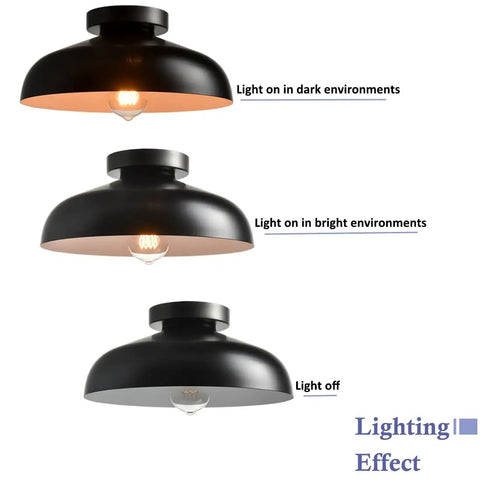 Lighting effects for 12 Inch Industrial Ceiling Light Fixture Black Metal Barn Style Semi Flush Mount Dimmable Ceiling Lighting.