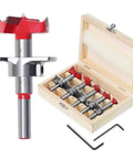 Top Shelf Heavy Duty 5 Piece Cemented Carbide Forstner Drill Bit Set With Adjustable Depth Stopper in wooden box.