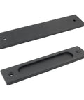 Two Piece 7 Inch Flush Pull Recessed Barn Door Handle In Sleek Matte Black Aluminum Alloy, showing two pieces with smooth edges.