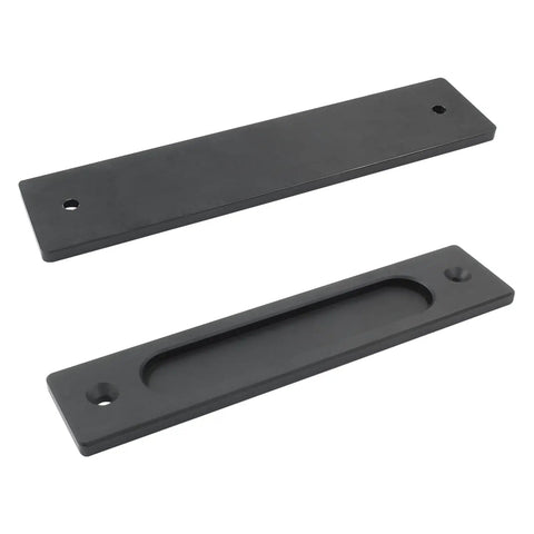 Two Piece 7 Inch Flush Pull Recessed Barn Door Handle In Sleek Matte Black Aluminum Alloy, showing two pieces with smooth edges.