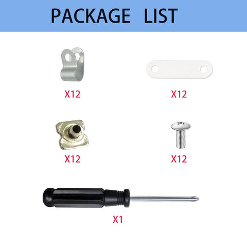 Package contents of Durable Zinc Plated Alloy R Clips With Nickel Plated Screws Nuts And Rubber Gaskets helmet repair kit shown.