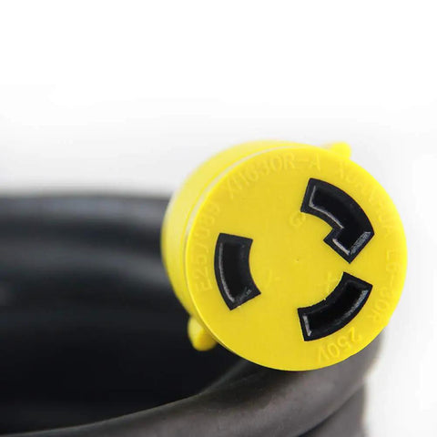 Close-up of Beefy Locking Generator Power Cord NEMA L6-30P to L6-30R 3x10 Gauge SJOOW Rubber Cable 25 Ft plug
