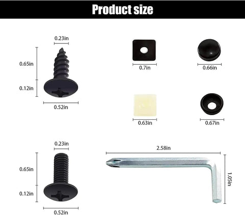Lock Down Rustproof License Plate Screws Kit With Heavy Duty Anti Vibration Bolts And Theft Proof Covers components sizes displayed.