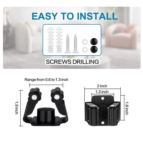 Heavy Duty Broom And Mop Holder Set 3 Piece Wall Mounted Tool Organizer Rack with installation screws, matte black color.
