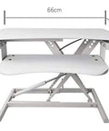 Stylish White Standing Desk Converter With Smooth Gas Spring Lift For Laptop Or Monitor, side view with dimensions 66cm x 40cm.