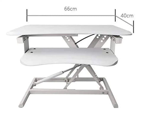 Stylish White Standing Desk Converter With Smooth Gas Spring Lift For Laptop Or Monitor, side view with dimensions 66cm x 40cm.