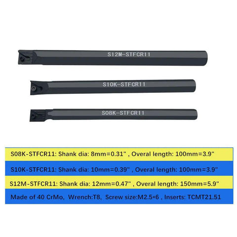 16 Piece Indexable Lathe Turning Tools Bit Set With Boring Bars And Tool Holders 5/16 In 3/8 In 1/2 In Shank Includes TCMT21.51 TCMT110204 Carbide Inserts For Steel And Cast Iron Machining, showing three boring bars with shank details and carbide insert specifications.