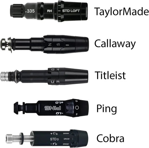 Golf club adapters for TaylorMade, Callaway, Titleist, Ping, Cobra; part of Denali Charcoal CB Shaft Set For Callaway With Adapters.