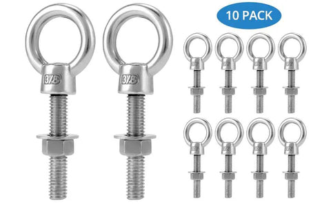 Threaded Eyebolts 10 Pack 3/8 X 2 Inches, 304 Stainless Steel Marine Grade Shoulder Eye Bolts, Rust Resistant with Nuts