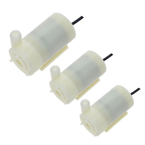 Three white 5 Piece Ultra Quiet Mini DC Submersible Water Pumps With Brushless Motor, 3 To 6 Volts, 120 Liters Per Hour