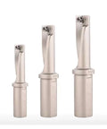 Three silver U-drill tools for CNC lathe operations, 8–20 mm drill size range.