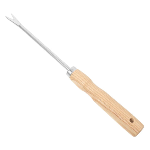 Ergonomic Wooden Handle Weed Puller Tool For Gardeners with iron tip for dandelions and weeds, easy grip for yard work.