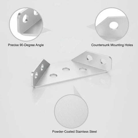 Sturdy Stainless Steel L Bracket Set For Shelves And Furniture Repairs 90 Degree Right Angle Corner Supports With Flush Low Profile Design And Pre Drilled Holes For Easy DIY Reinforcement showing precise angle, mounting holes, and material
