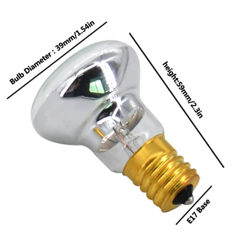 4 Pack R39 E17 25 Watt Incandescent Reflector Bulbs For Lava Lamps And Glitter Lamps, Dope Yellow Glow, side view with dimensions