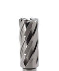 Close-up of silver annular cutter with spiral flutes; 1 in diameter, 2 in depth of cut, 3/4 in Weldon shank.