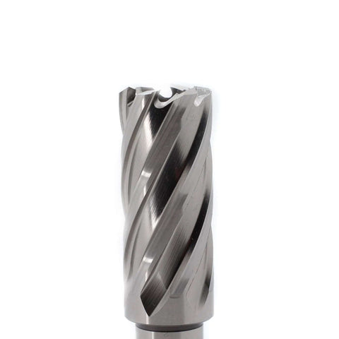 Close-up of silver annular cutter with spiral flutes; 1 in diameter, 2 in depth of cut, 3/4 in Weldon shank.