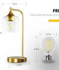 Gold Industrial Table Lamps Set of 2 With USB Charging Ports, Dimmable Touch Control, E26 Bulbs, bell-shaped glass shade