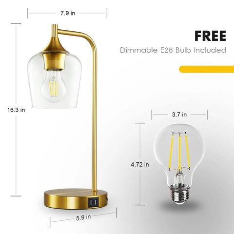 Gold Industrial Table Lamps Set of 2 With USB Charging Ports, Dimmable Touch Control, E26 Bulbs, bell-shaped glass shade