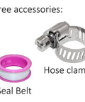 Free accessories for Extended Tank Drain Assembly Kit: hose clamp and pink seal belt for air compressor fittings.