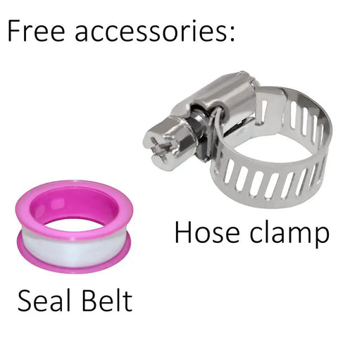 Free accessories for Extended Tank Drain Assembly Kit: hose clamp and pink seal belt for air compressor fittings.
