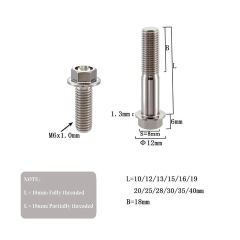 Titanium M6 Flanged Hex Bolts Set, 1.0mm Pitch, Assorted Lengths 5 To 80mm, Ti 6Al 4V Grade 5 Alloy, dimensions labeled
