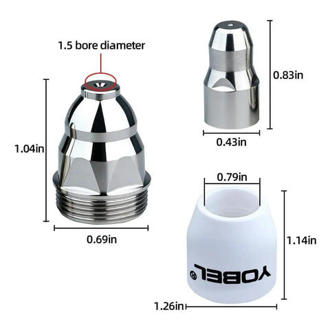 Dimensions of components in Pro Grade P80 Plasma Cutter Consumables Kit with 45 pieces for 80A systems including electrodes and nozzles.