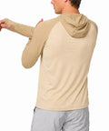 Person wearing tan Men's Ice Cool Silky Sun Protection Hoodie UPF 50 Plus Long Sleeve Rash Guard Shirt For Fishing