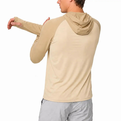 Person wearing tan Men's Ice Cool Silky Sun Protection Hoodie UPF 50 Plus Long Sleeve Rash Guard Shirt For Fishing
