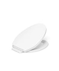 No Sweat Quiet Close Elongated Toilet Seat In Crisp White With Grip Tight Bumpers And Slam Prevention Hinges angled view.