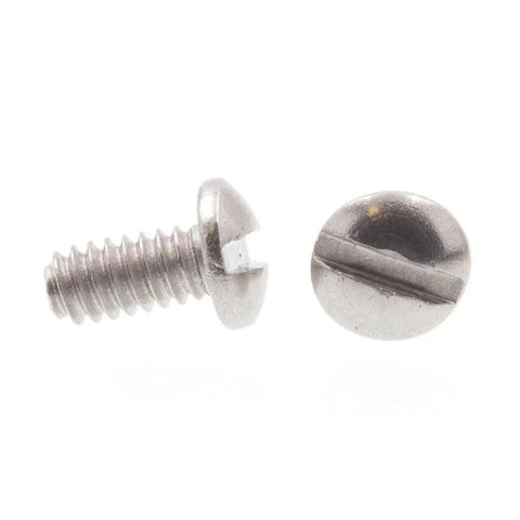 Machine Screws Pan Head Slotted Drive Size 0-80 X One Eighth Inch Grade 18-8 Stainless Steel 25 Pack For Machinery And Appliances Use With Nuts Or Pre Threaded Holes, showing the side and top view of a stainless steel screw.