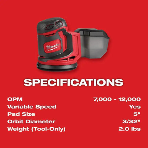Kickass Five Inch Random Orbit Sander Bare Tool With Quick Variable Speed Dial And Smooth Finishing Muscle Plus Premium Heavy Duty Rolling Cart For Pro Shop Storage And Woodworking Builds specifications including speed, size, and weight.