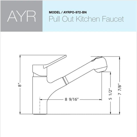 Technical drawing of Brushed Nickel Kitchen Faucet AYRPO-972-BN with pull-down sprayer, 360-degree swivel, dimensions included.